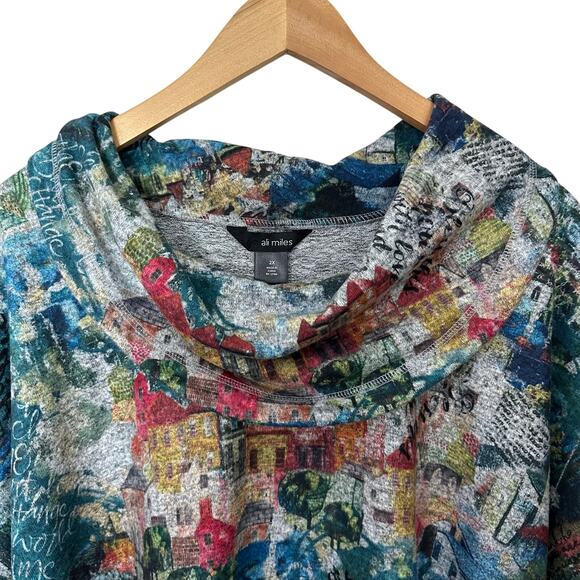 Ali Miles Brushed‎ Knit Cowl Neck Tunic Top Abstract Village Print Womens 2X Art - Picture 4 of 6